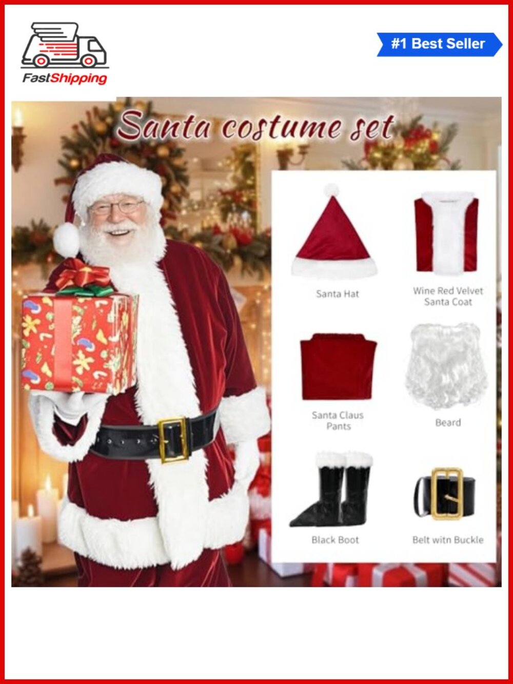 🎅 Santa Claus Costume 6PCS Soft Velvet Suit Adult Men Christmas Cosplay - Picture 2 of 6